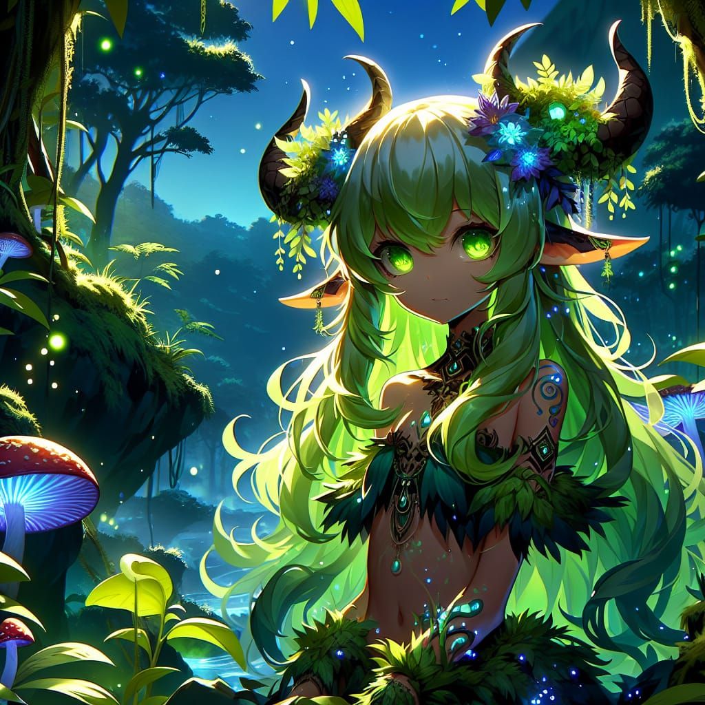 Anime Satyr in Bioluminescent Rainforest