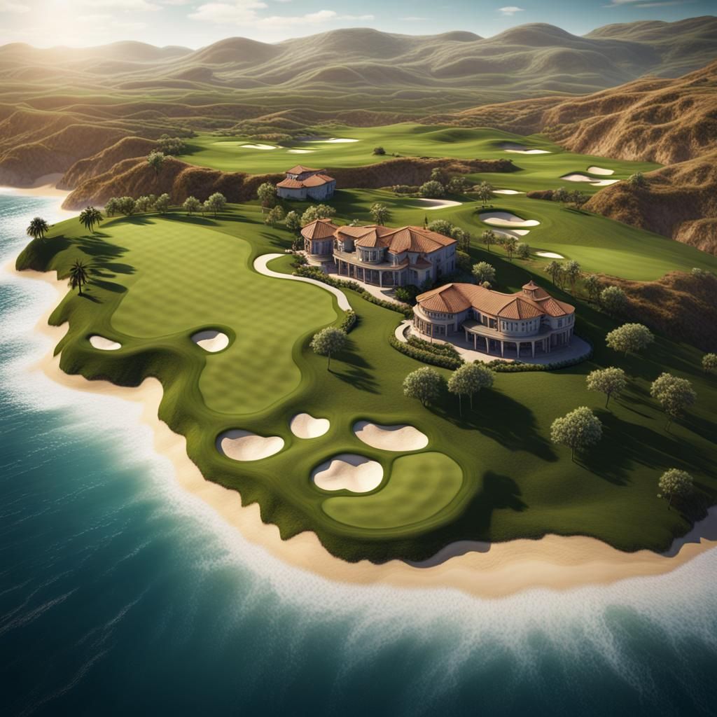 Oceanfront Golf Course: Aerial View in Detailed Matte Painti...