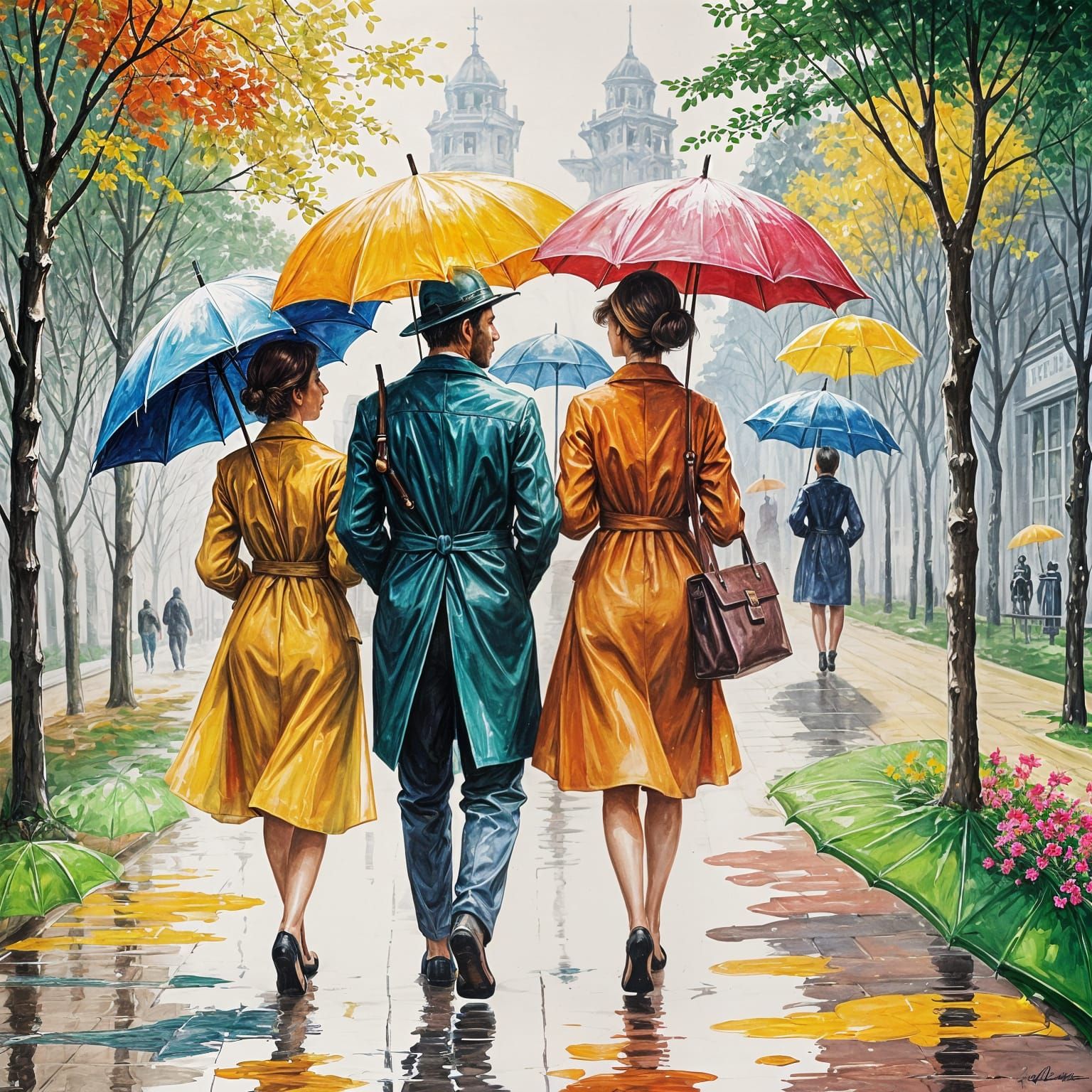 Three Buddhist Monks Walking with Umbrellas in a Gouache Pai...