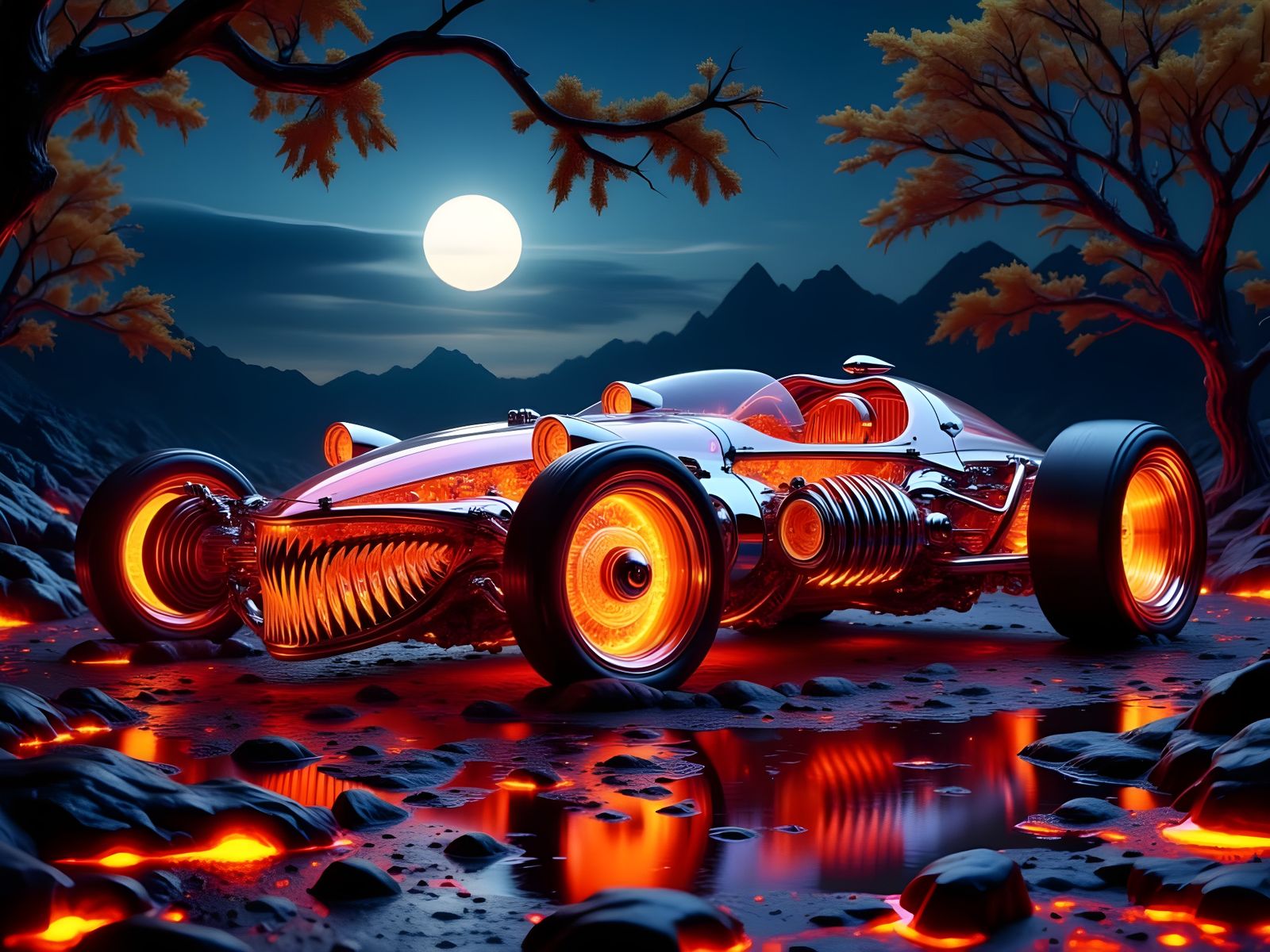 Skeletal Hotrod with Lava Chrome on Halloween Night