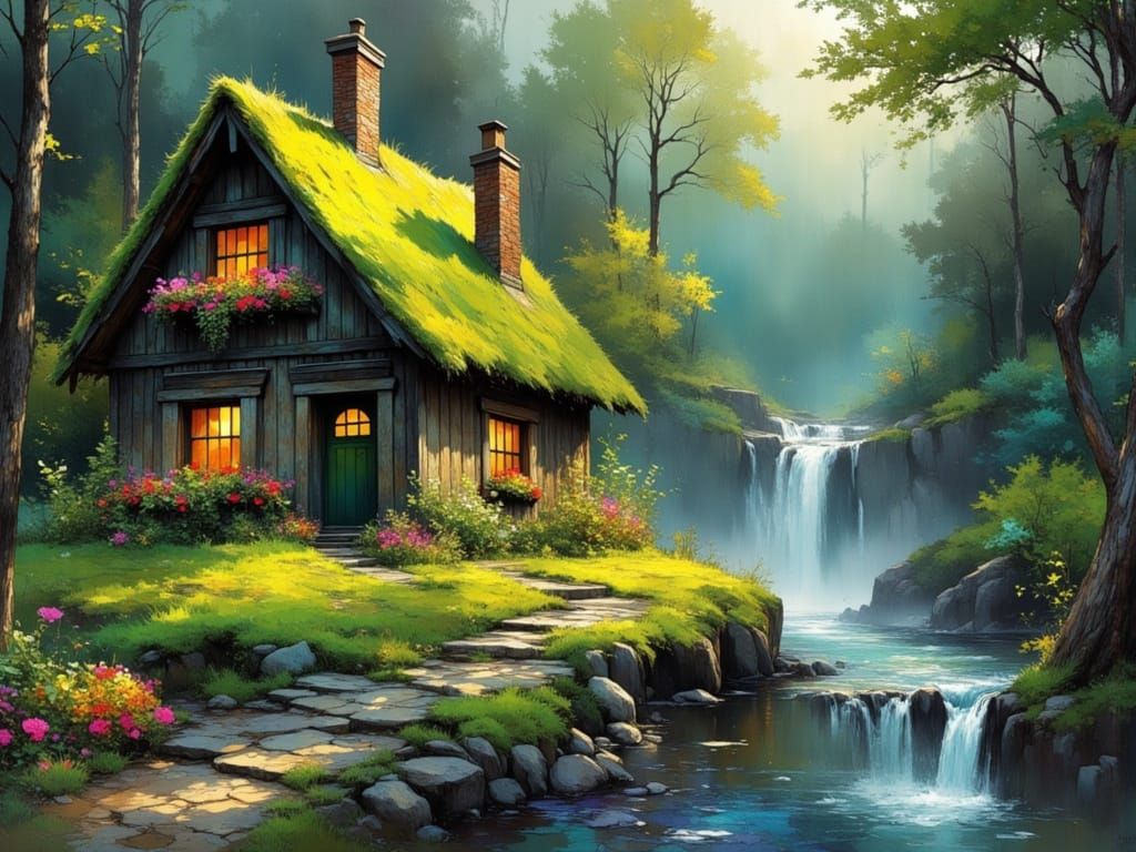 Mossy Cottage and Waterfall in Painterly Style