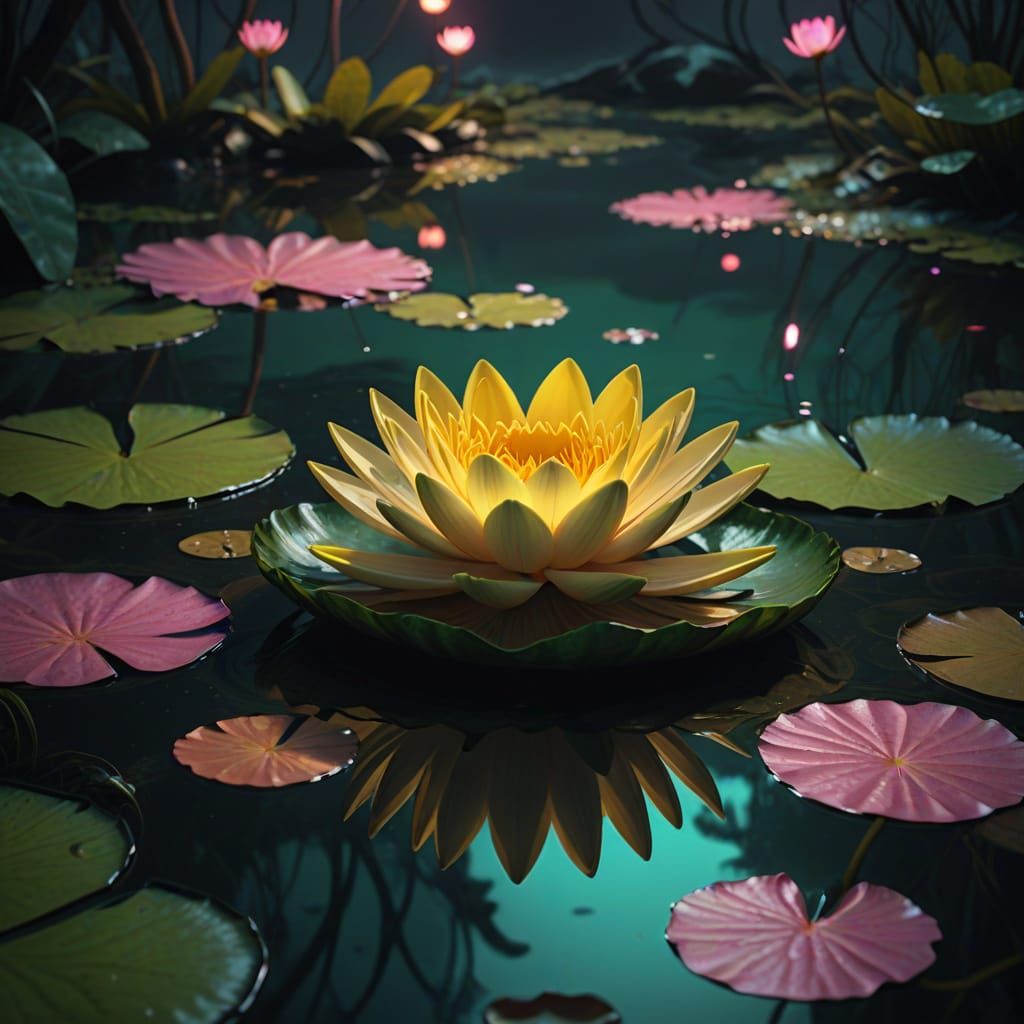 Vivid Dreamlike Water Lily Scene in Hyper-Realistic 3D