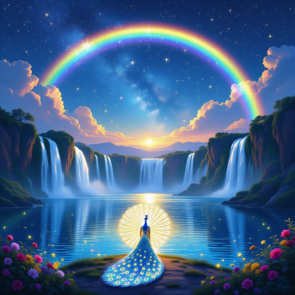 Shimmering Waterfalls and Celestial Peacock Under Starlit Sk...