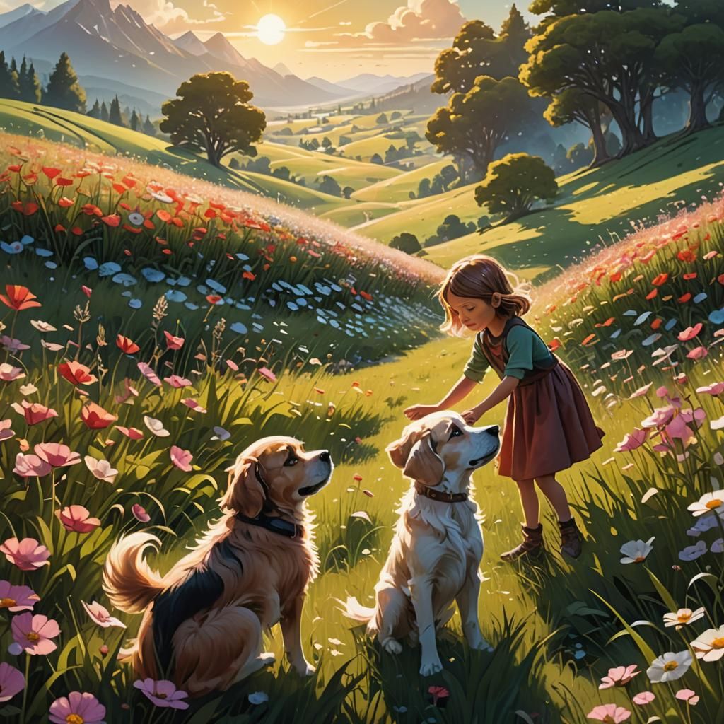 Girl and Dog in Flower Field, Fantasy Art