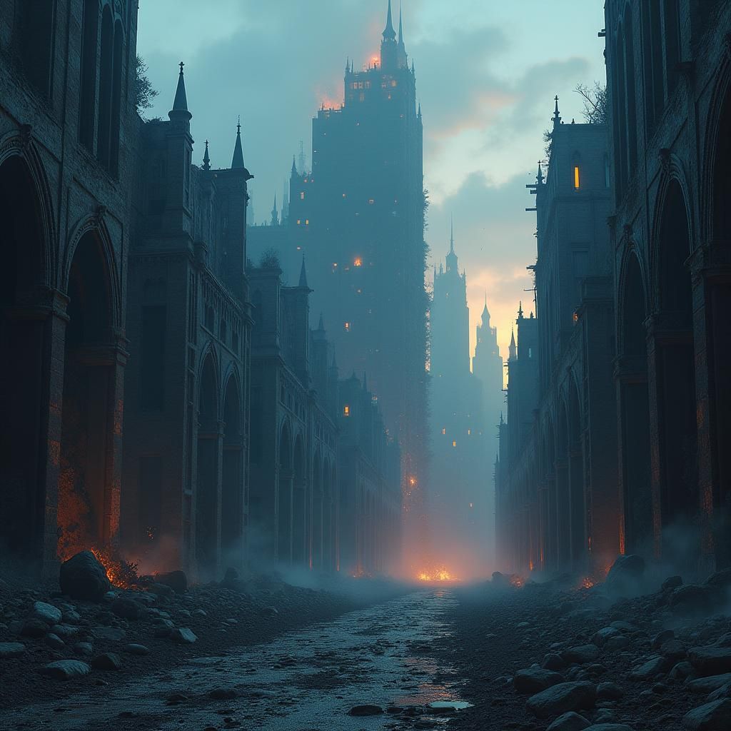 Mystical Ravaged Cityscape in Dark Fantasy Style
