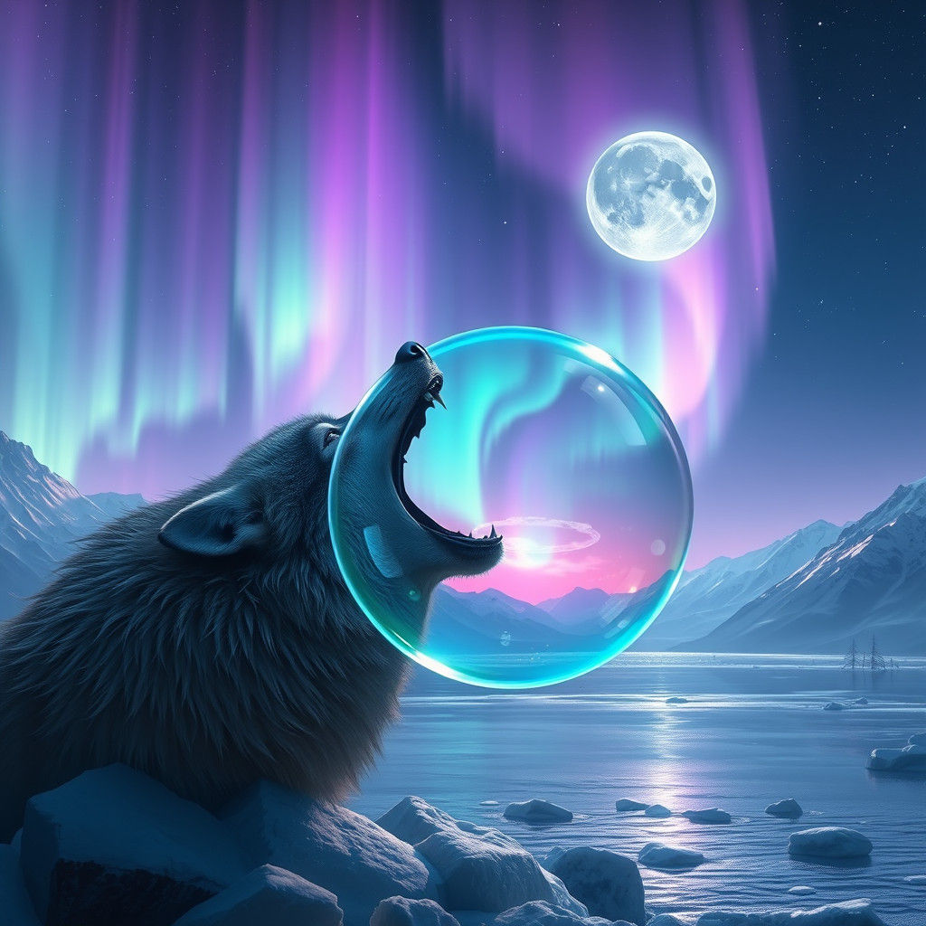 Wolf Captures Aurora Bubble in Dream Landscape