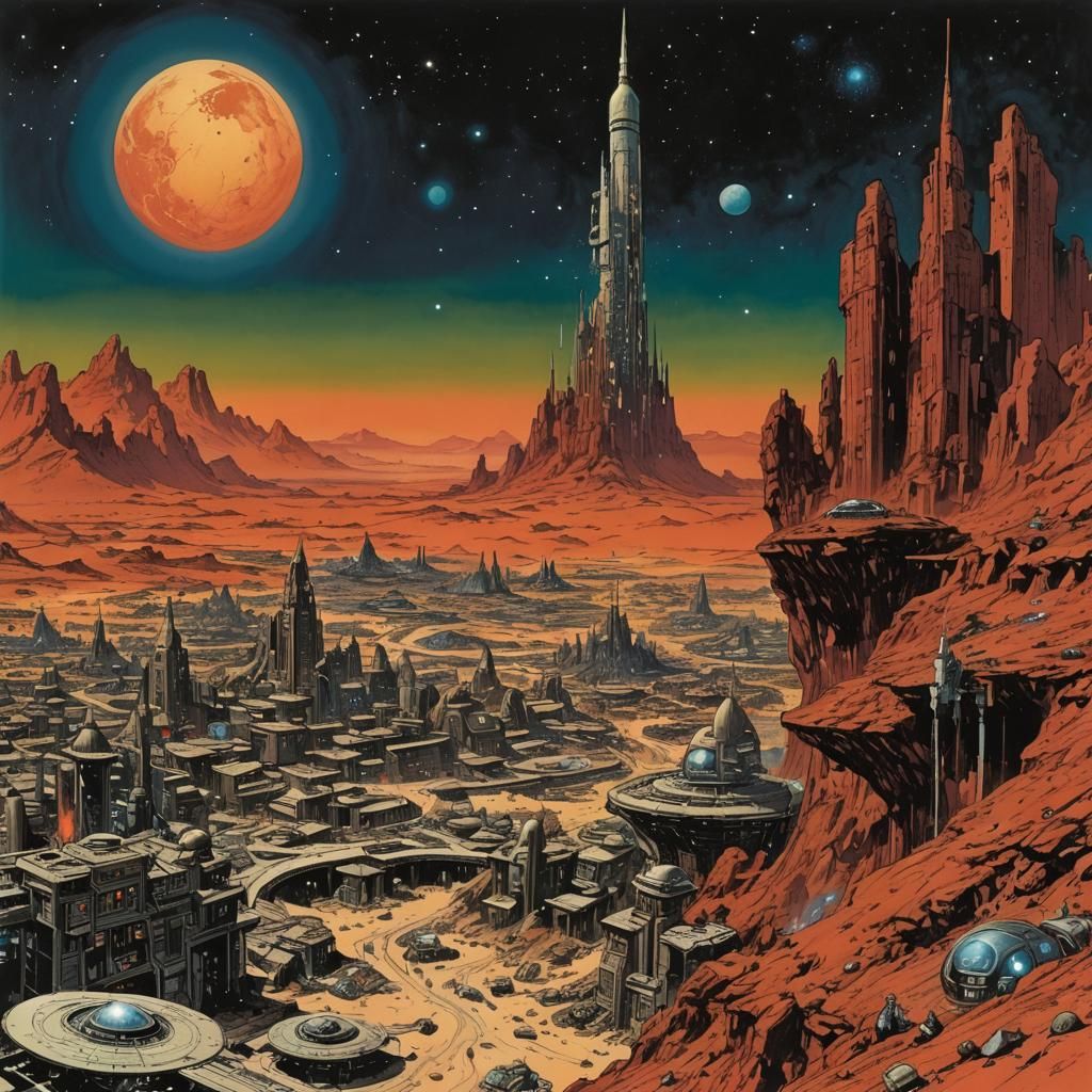 Martian Cityscape in Graphic Novel Style