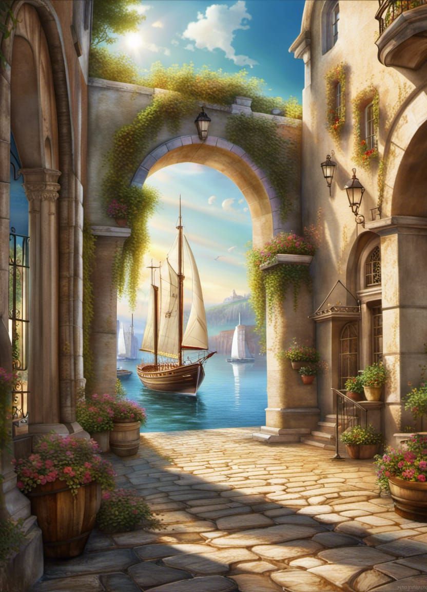Picturesque Roman Archway Overlooks Sunny Harbor