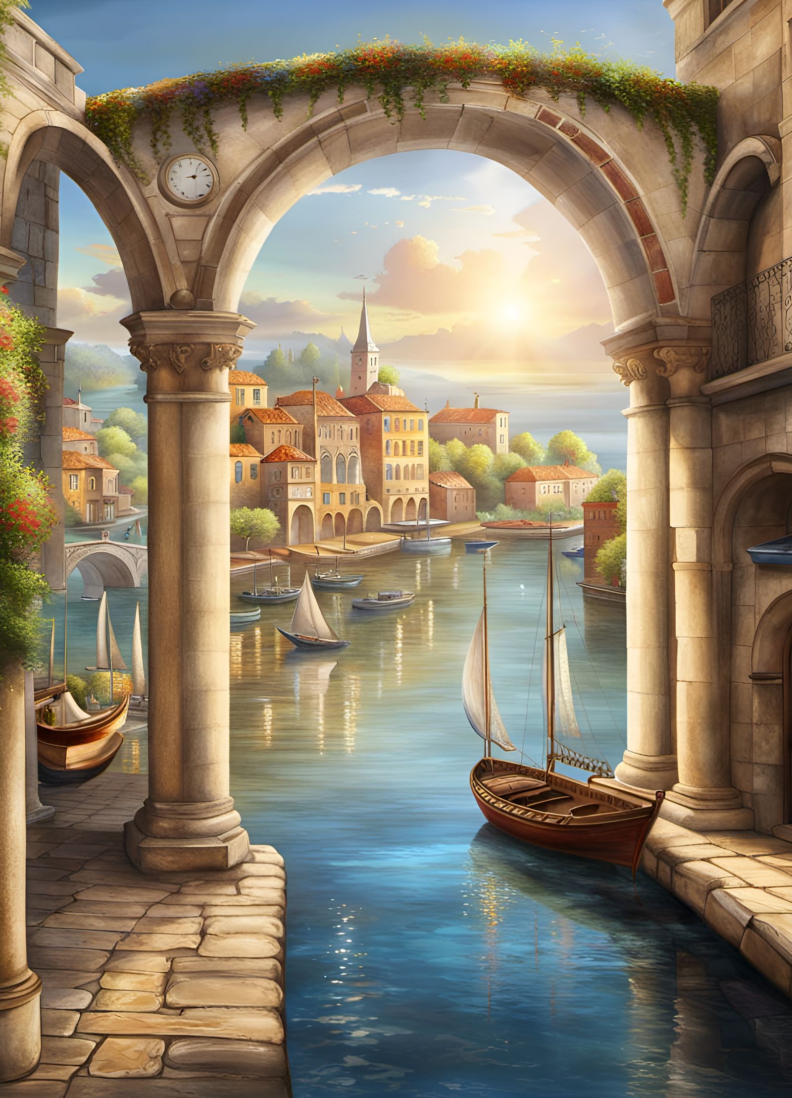 Rococo Archway Overlooks Sunny Harbor Scene