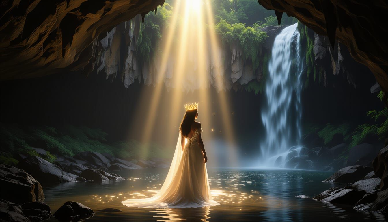 Mystical Queen in Sunlit Cave with Golden Crown
