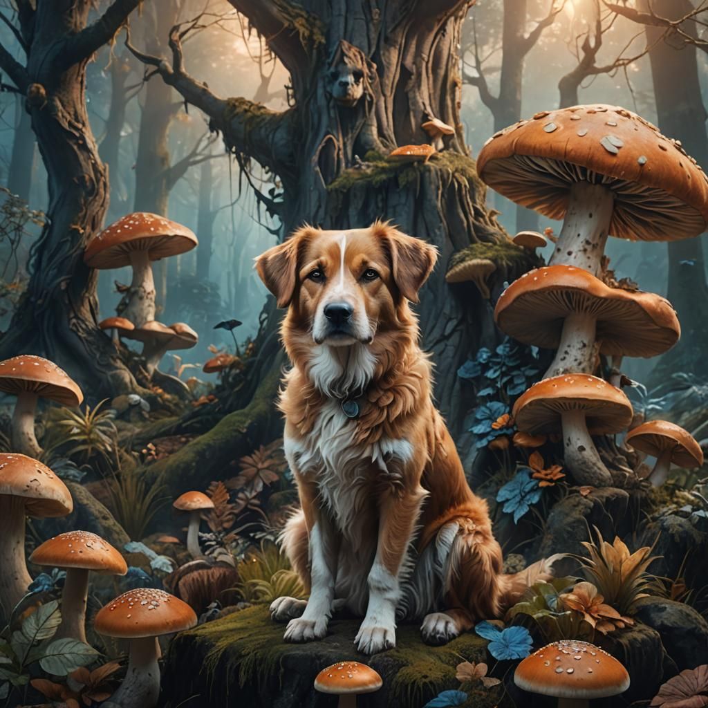 Dog King on Mushroom Throne in Mystical Forest