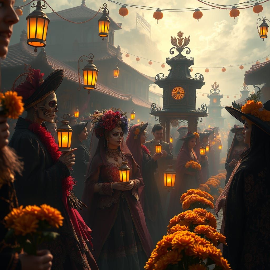 Surreal El Día de los Muertos Celebration in Vibrant, Dreaml...