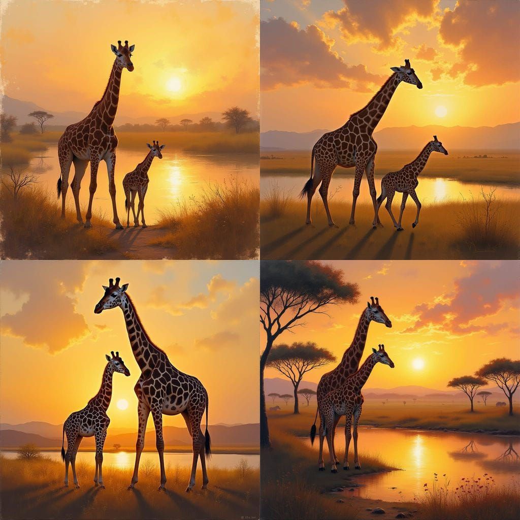 Giraffe Family at Sunset: Oil Painting