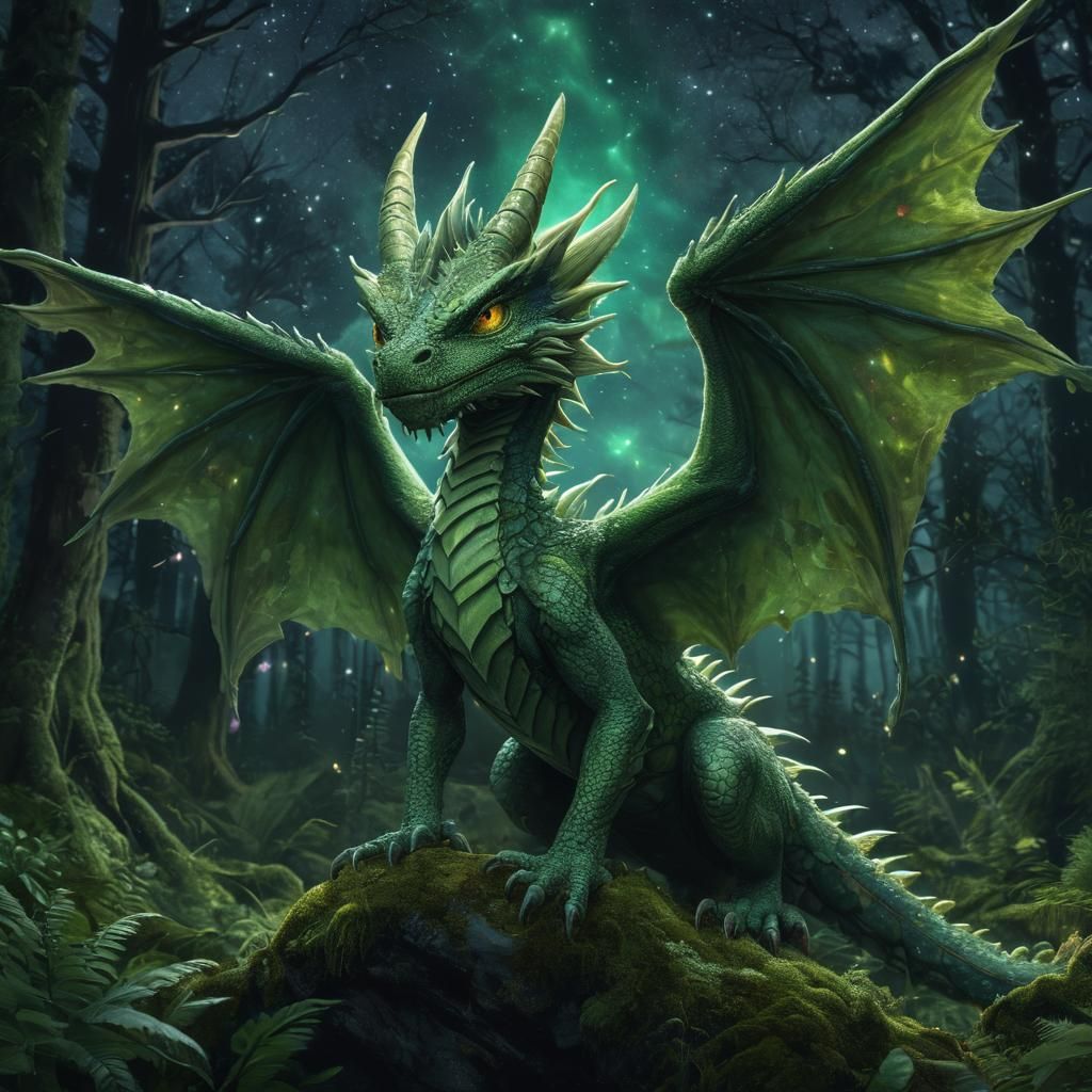 Mossy Dragon in Starry Forest: Digital Art