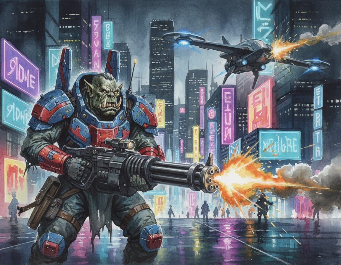 Orc Shadowrunner Fires Gatling Gun at Drone in Neon Seattle