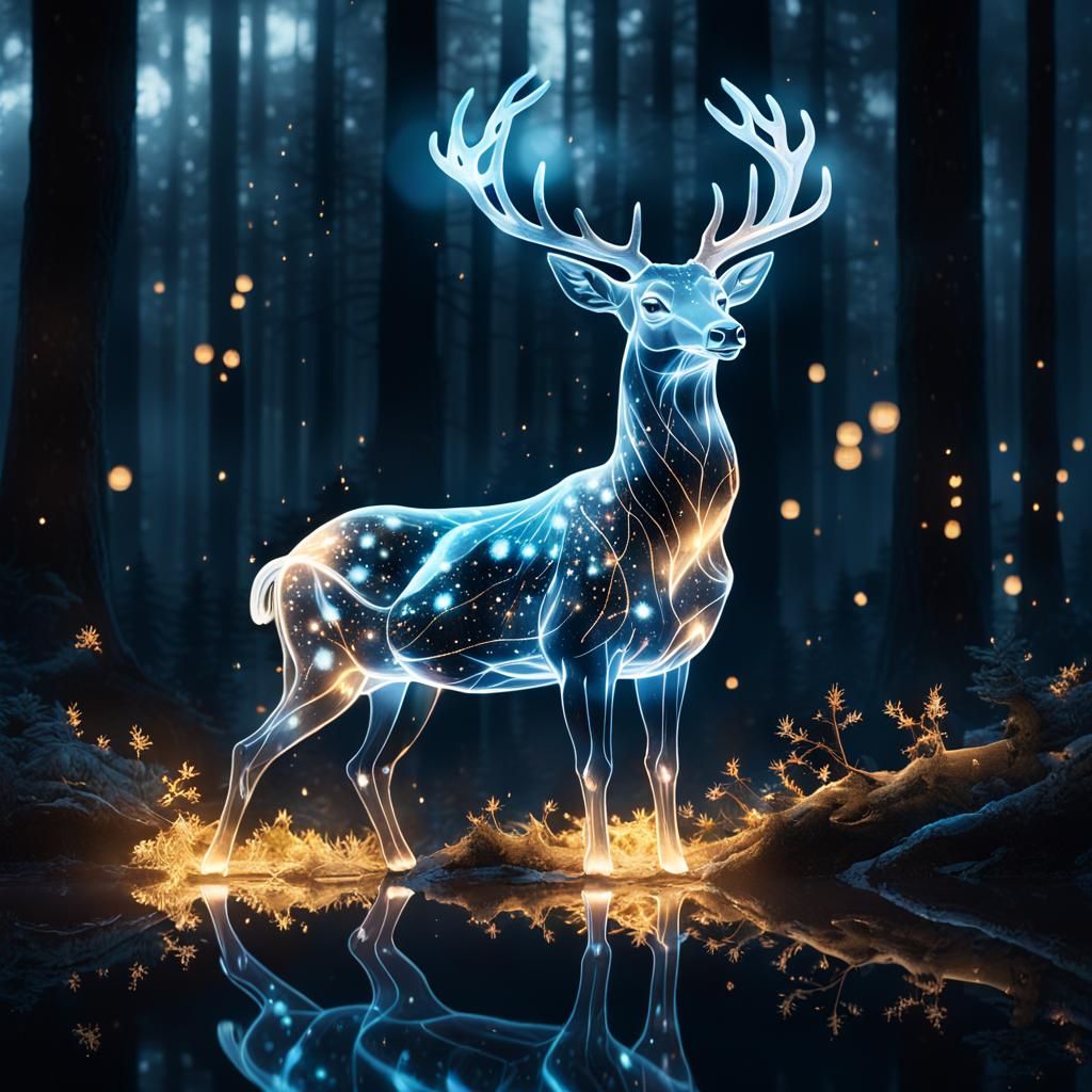 Ethereal Crystal Deer in Forest Double Exposure