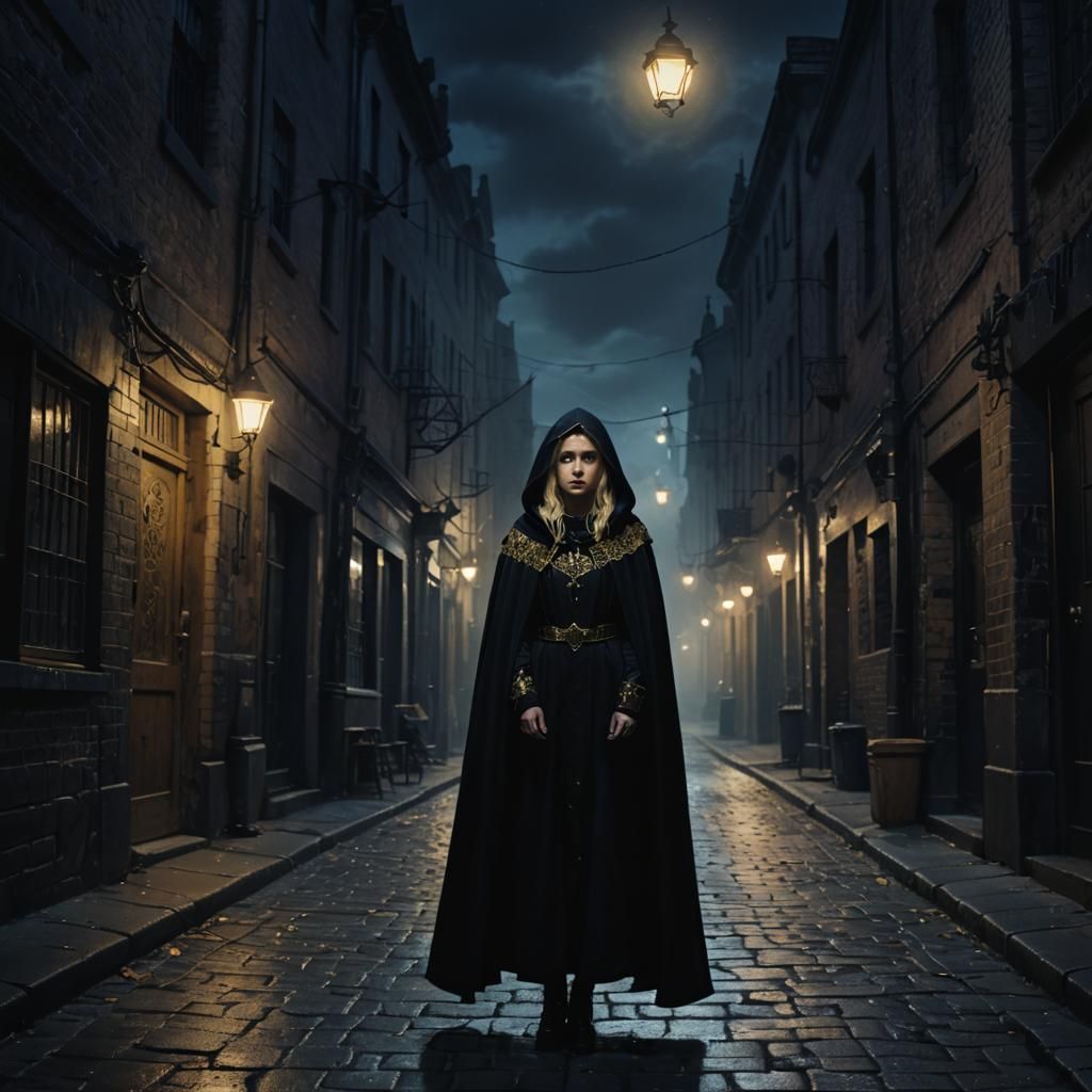 Gothic Woman in Dimly Lit City Alley