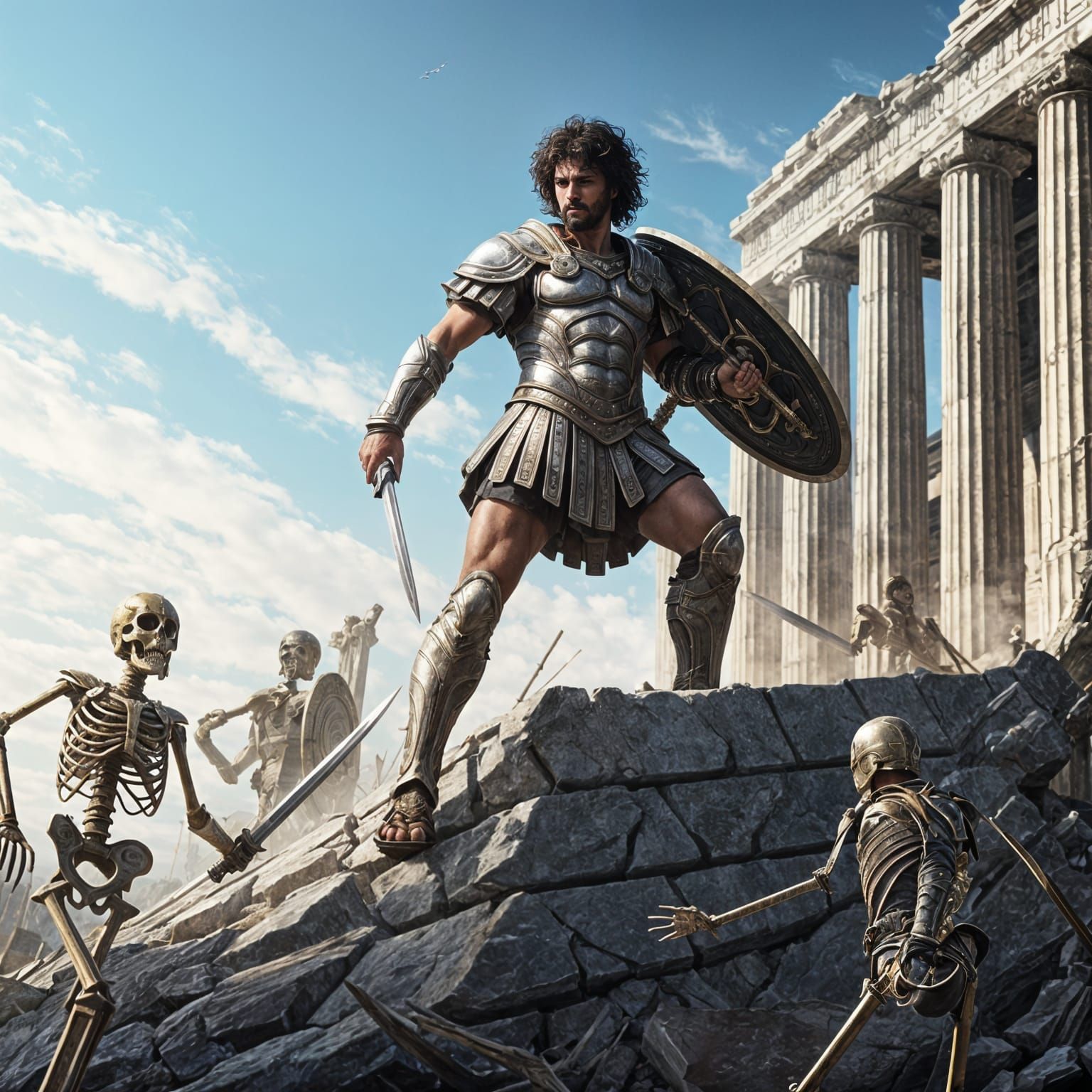 Greek Hero Fights Skeletons in Ruined City