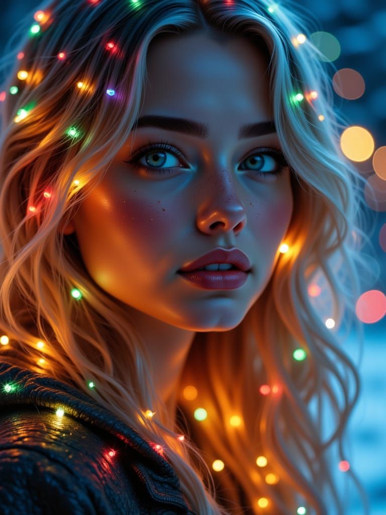 Woman's Hair Twinkles with Multicolored Christmas Lights