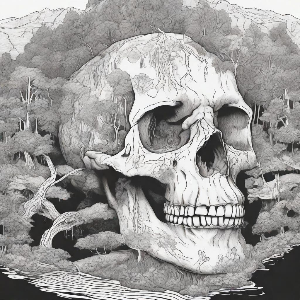 Surreal Illustration of a Human Skull with a Luminous Forest...