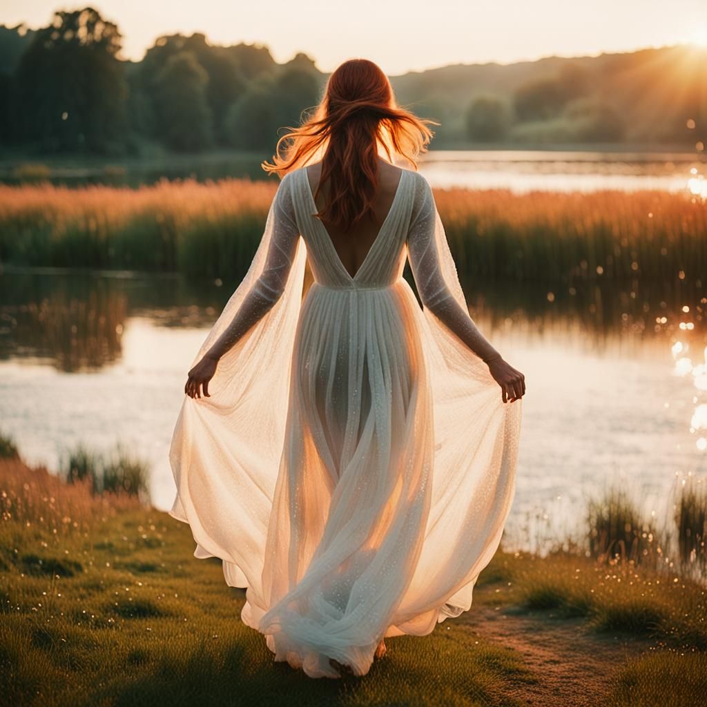 Woman in White Dress at Dawn: Cinematic Still