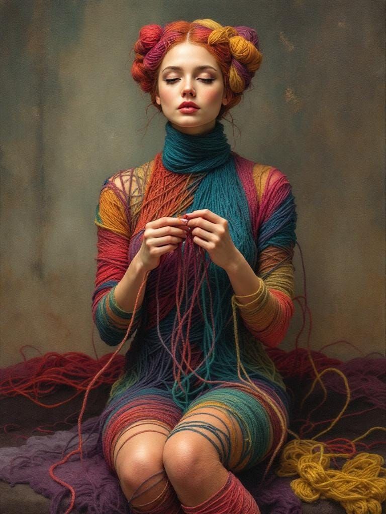 Woman Weaving Herself from Yarn, in Art Nouveau Style