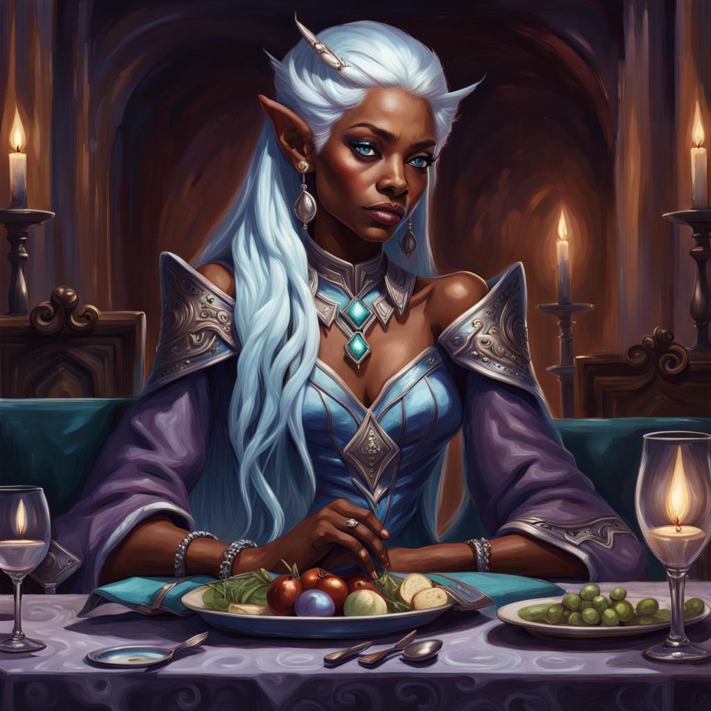 Imposing Elf Woman at Dinner Table in Fantasy Painting