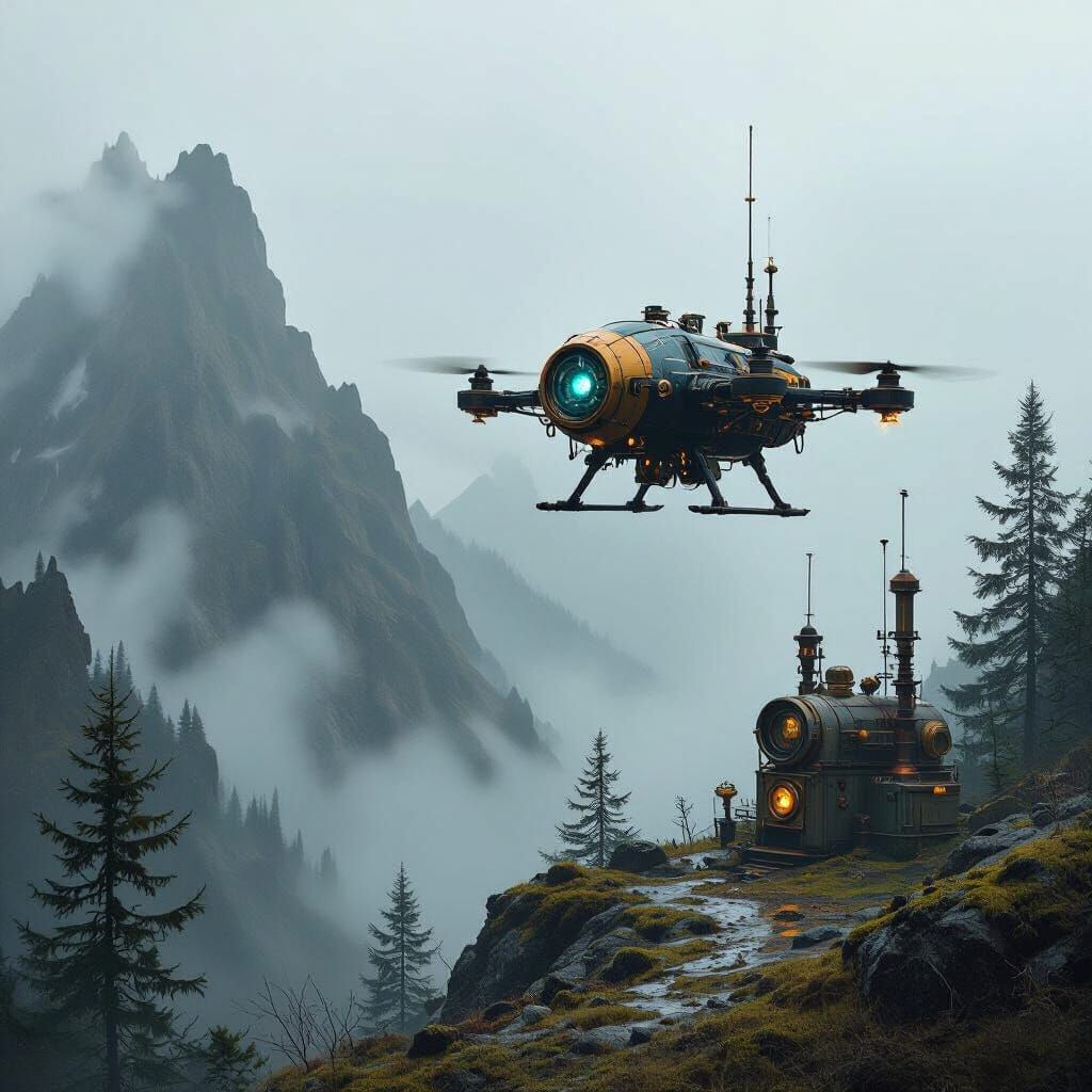 Steampunk Drone Over Grim Mountain Landscape in Rain