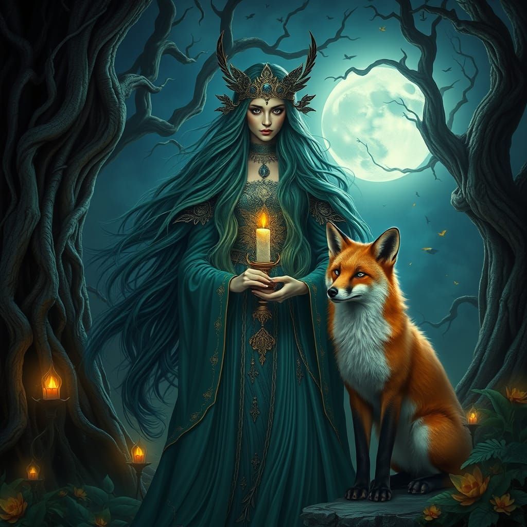 Majestic Sorceress in Hidden, Moonlit Grove with Ancient Tre...