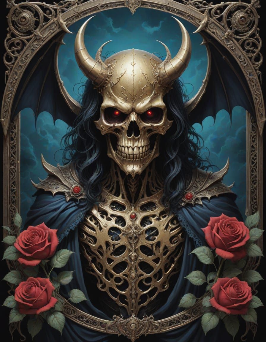 Satanic Fantasy Art with Golden Fangs and Bat Wings