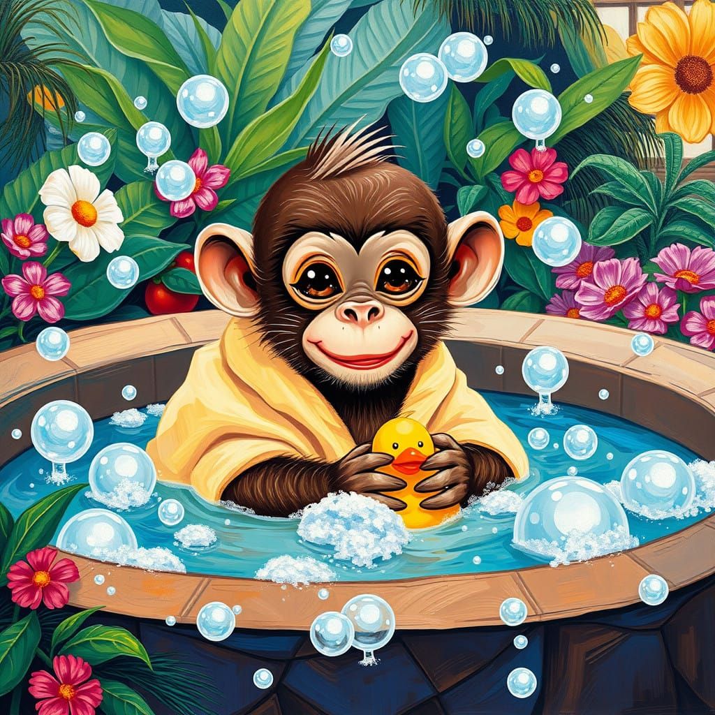 Joyful Baby Monkey Soaks in Colourful Jacuzzi Oasis