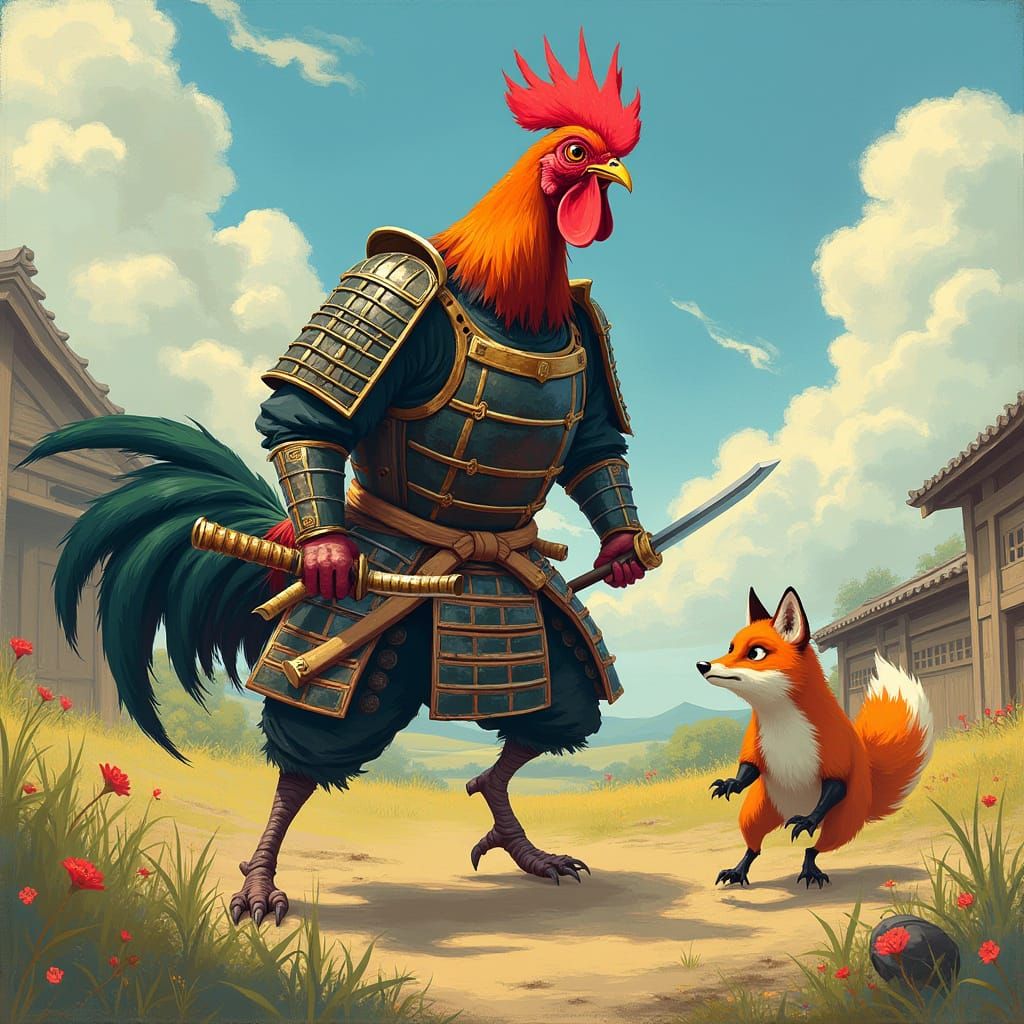 Samurai Rooster Defends Farm in Anime Style