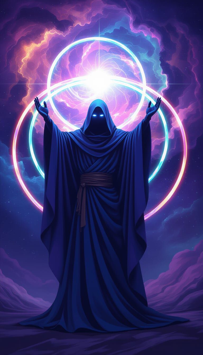 Mysterious Figure in Cosmic Void with Rainbow Rings