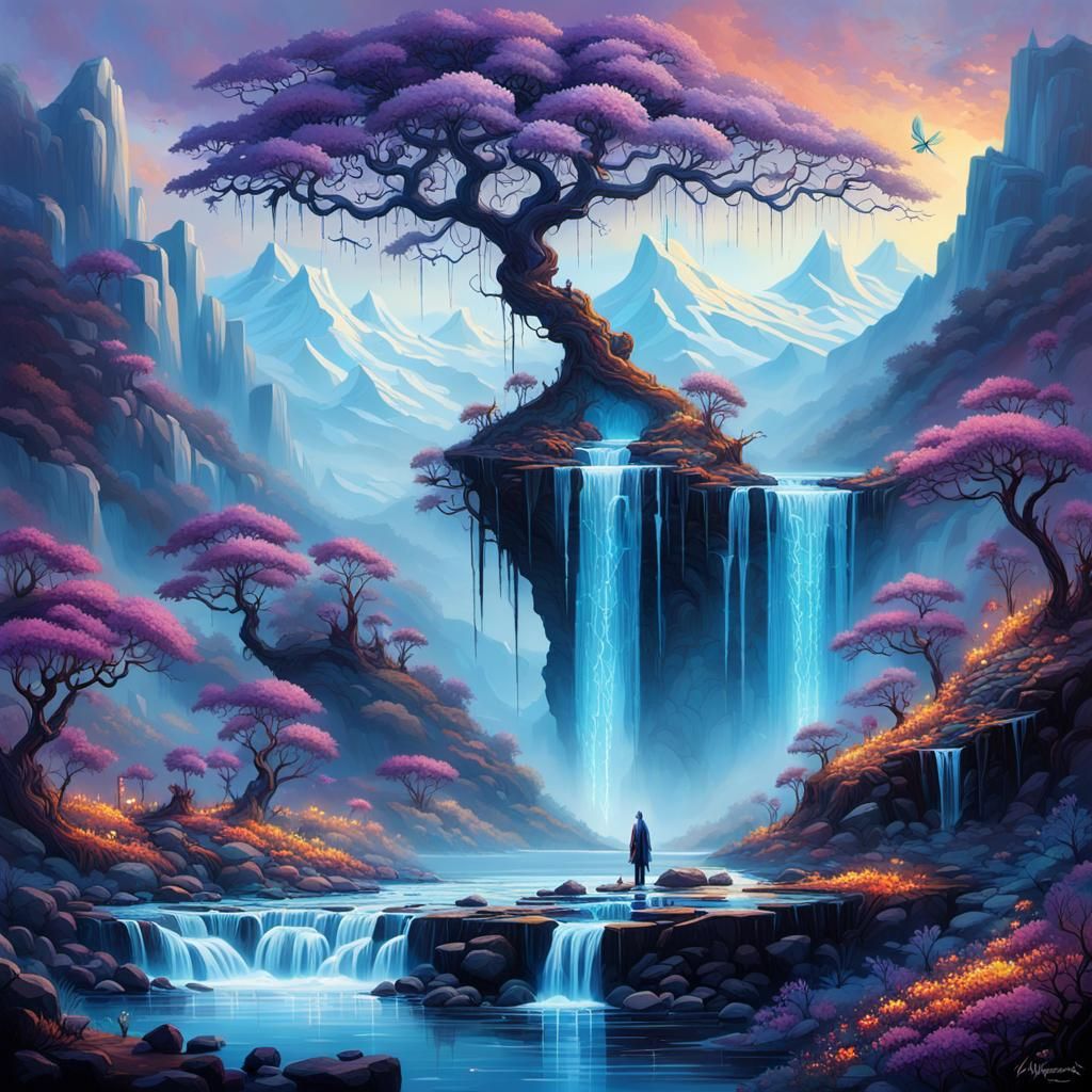 Mystical Realm with Glowing Tree and Waterfalls