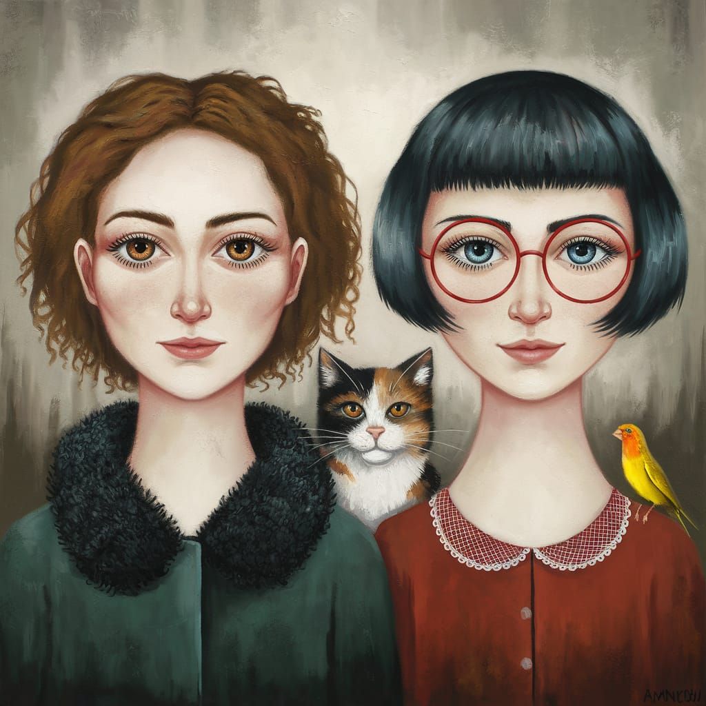 Abstract Surreal Portrait of Two Women with Animals