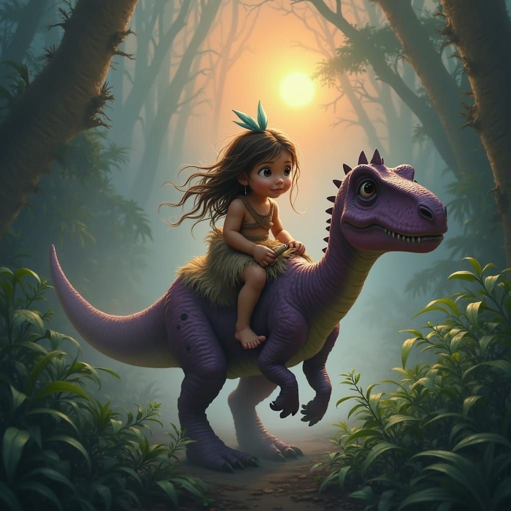 Prehistoric Girl Rides Purple Brontosaurus through Misty Jun...