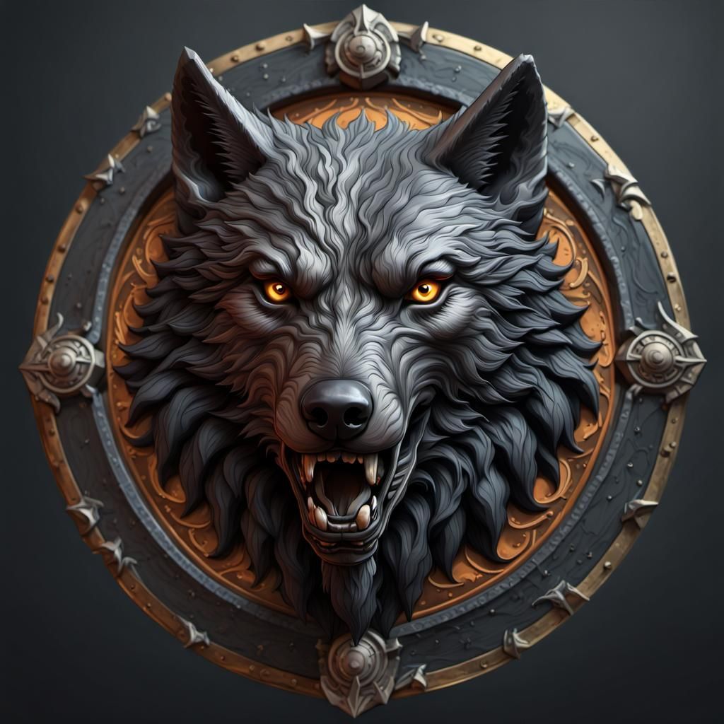 Black Wolf Shield Design in Hyperrealistic Splash Art