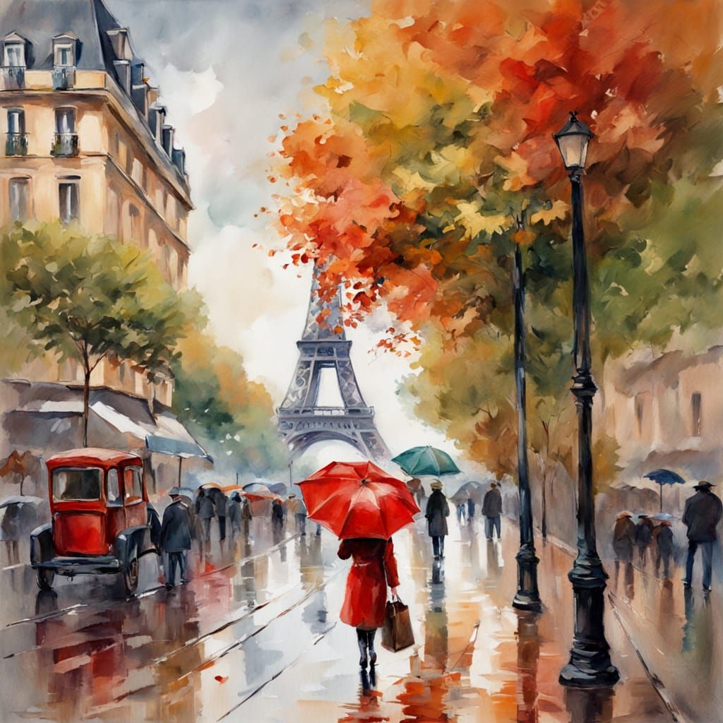 Romantic Paris Autumn Scene with Woman in Red Coat