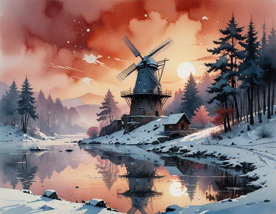 Windmill on Hill at Dawn in Digital Matte Painting