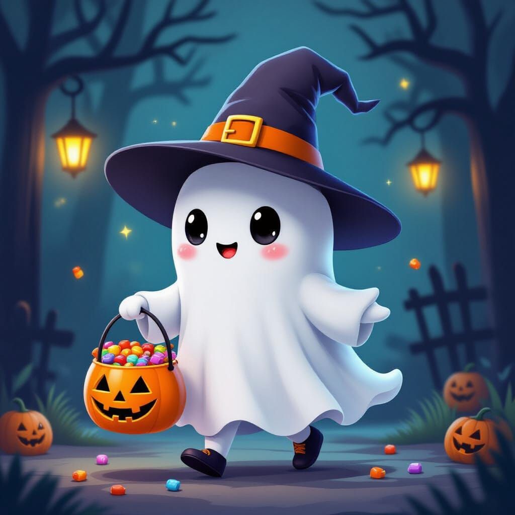 Cute Cartoon Ghost in Witch Hat with Candy Bucket
