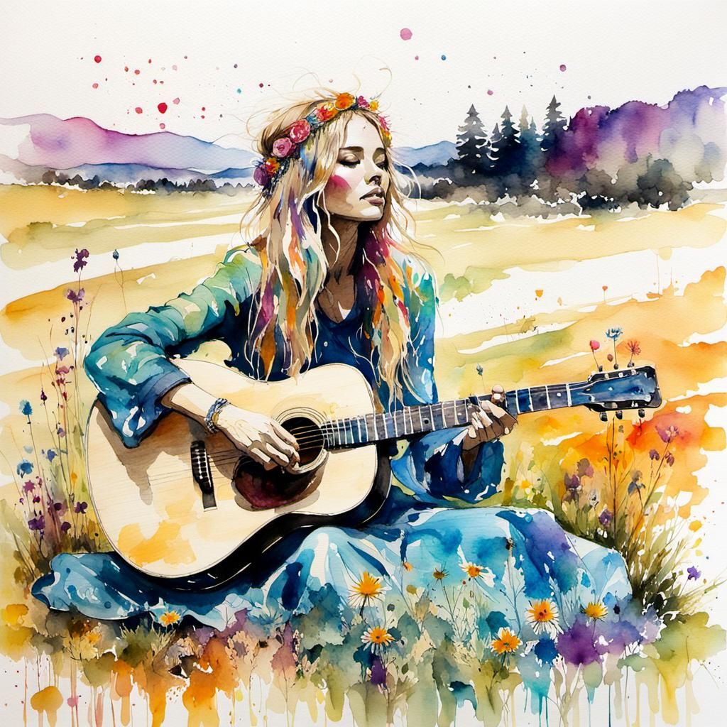 Beautiful 60s Hippie Girl in Watercolor Meadow