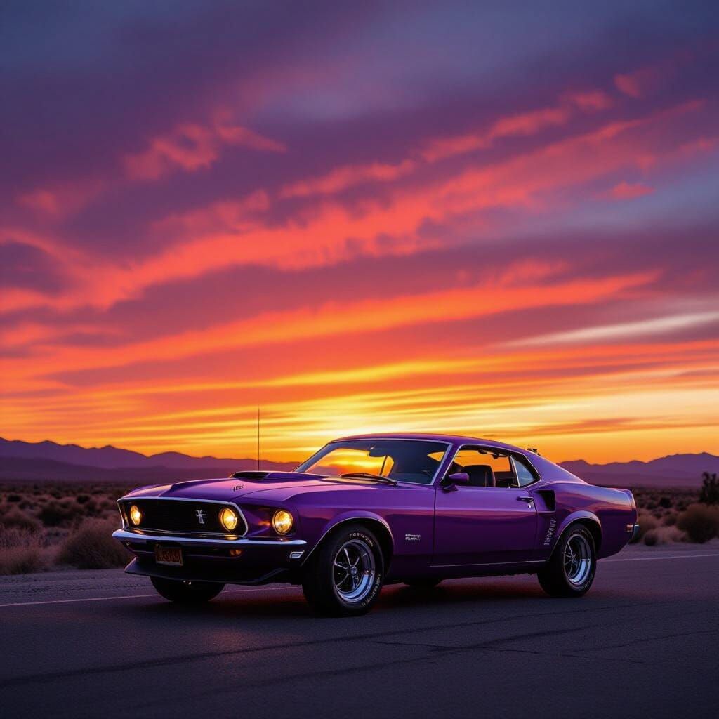Purple Mustang at Sunset on Deserted Road