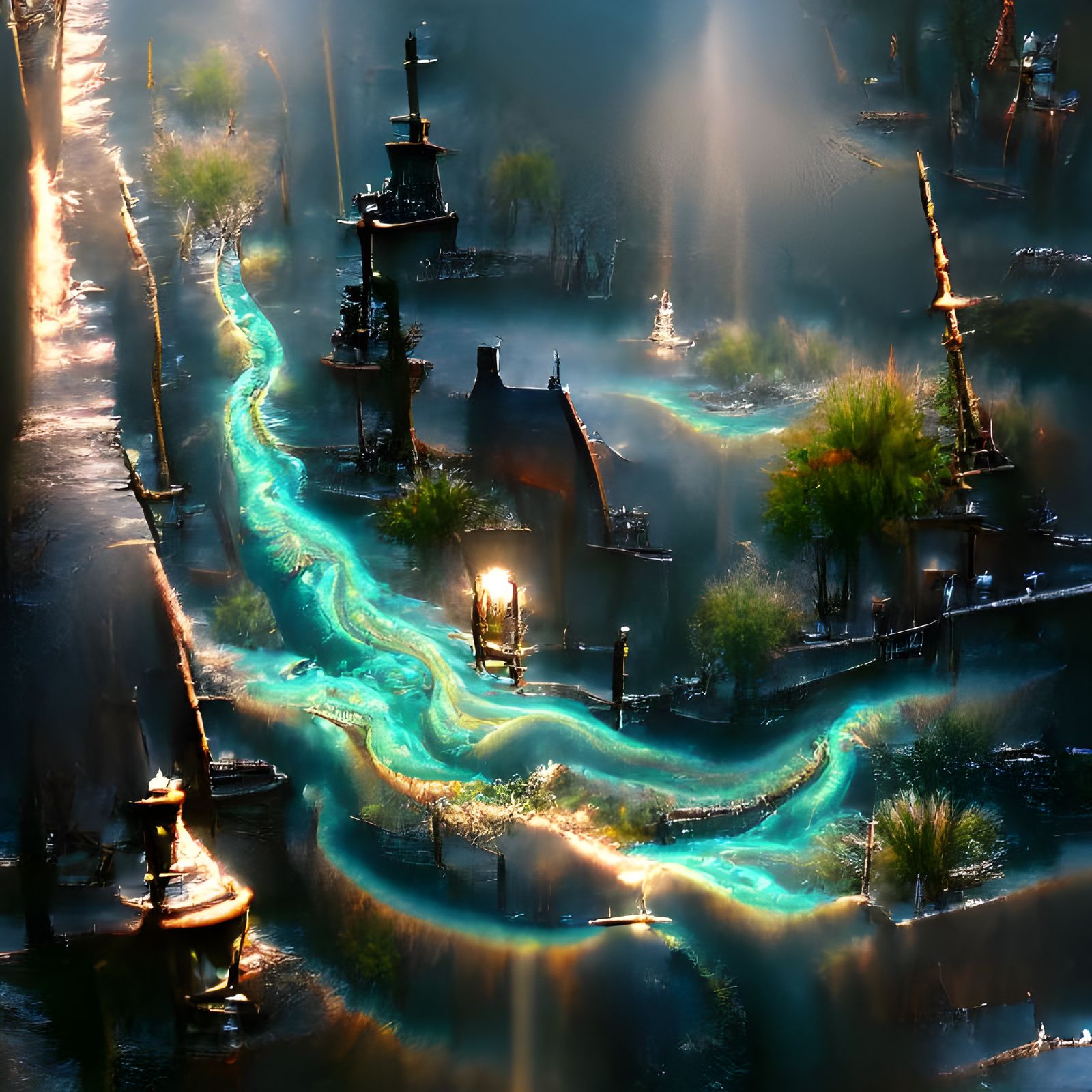 Fantasy Canal Town at Night in 8K