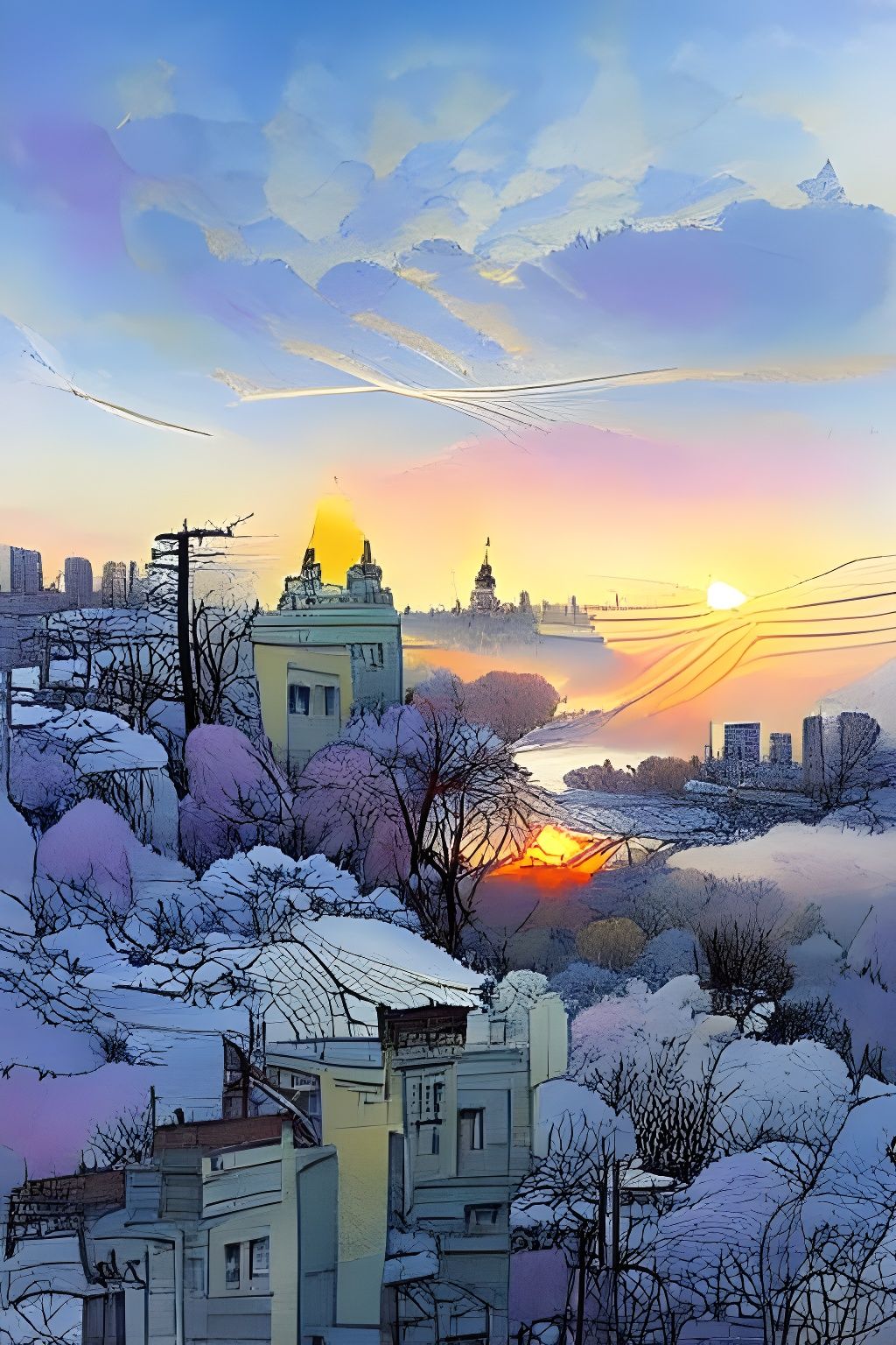 Ethereal Sunrise Over Kyiv in Cel-Shaded Style