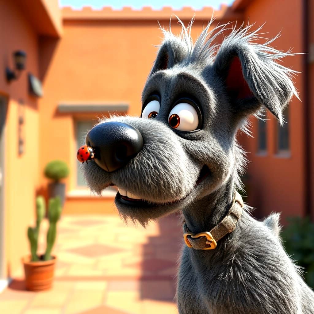Grey Dog Surprised by Ladybug in Sunny Courtyard