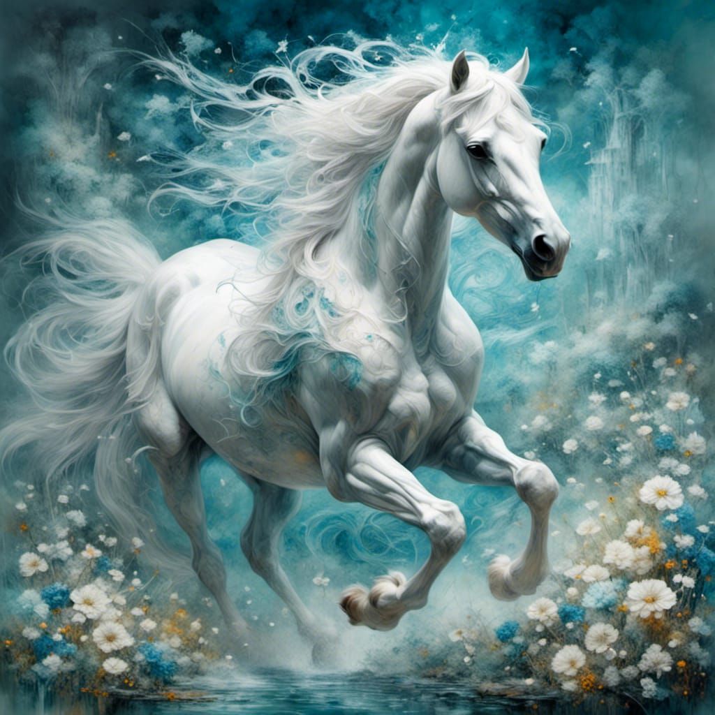 White Horse Runs Through Flower Field in Ethereal Style