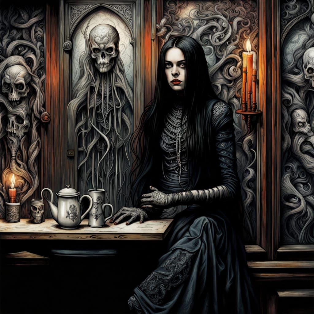 Goth Fashion Model Poses in a Haunting Coffee Shop