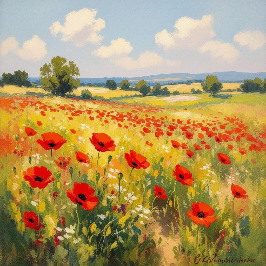 Poppies in a Sunny Field: An Impressionistic Scene