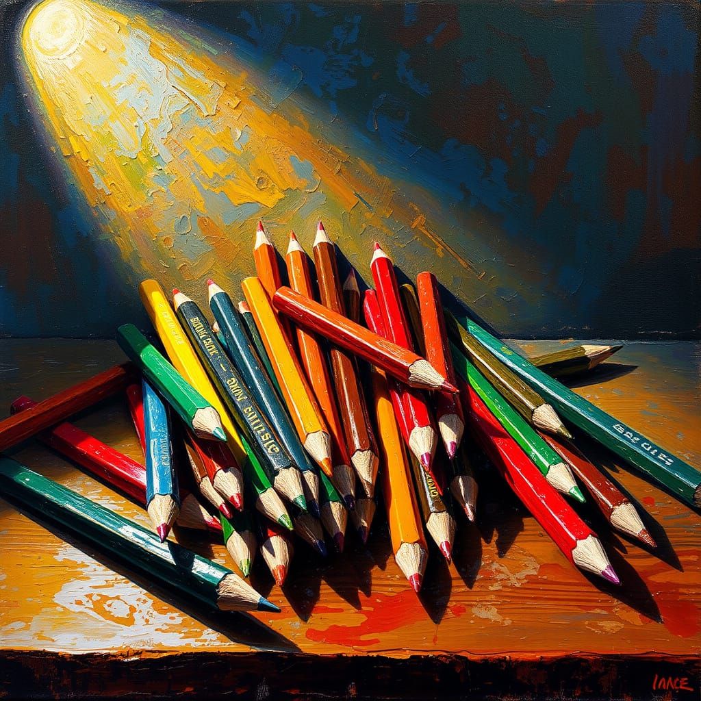 Vibrant Impasto Oil Painting of Colored Pencils