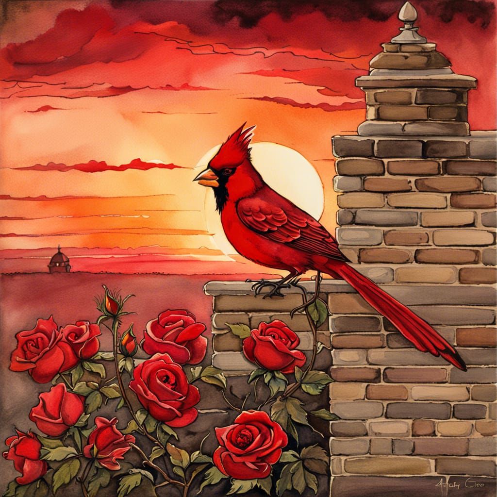 Cardinal and Roses at Sunset in Watercolor Style